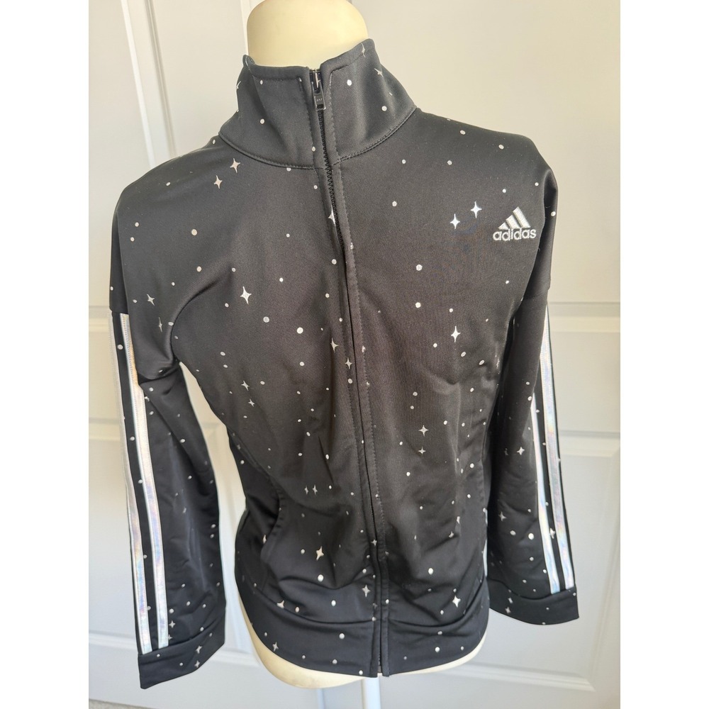Adidas Kids Girls Black Star Print Track Jacket Iridescent Stripes Size L 14